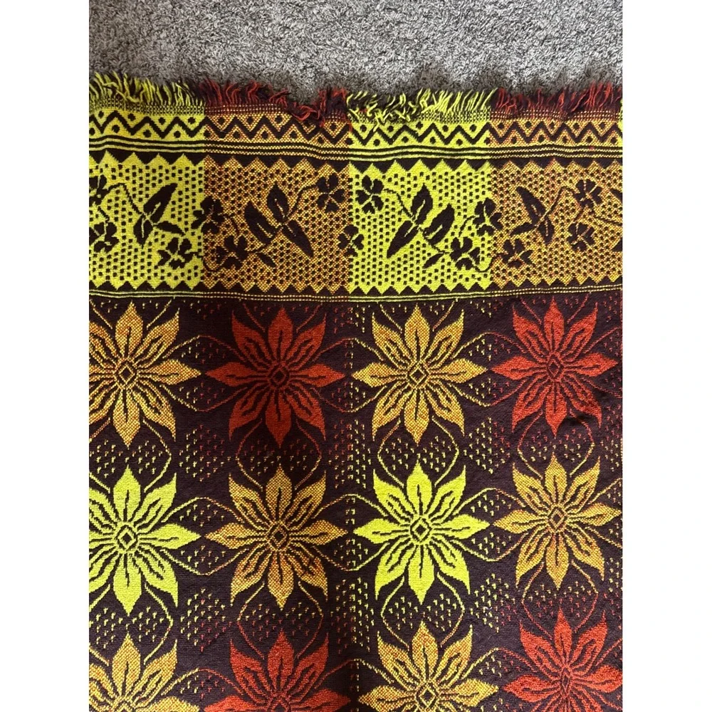 Vintage Polish Folk Wool Blanket Jacquard Floral Geometric Throw. Boho. Autumn.